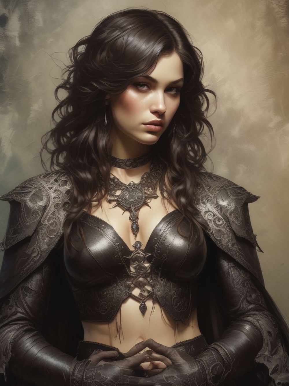 Dark Fantasy Portrait Art Print - Black Leather Armor